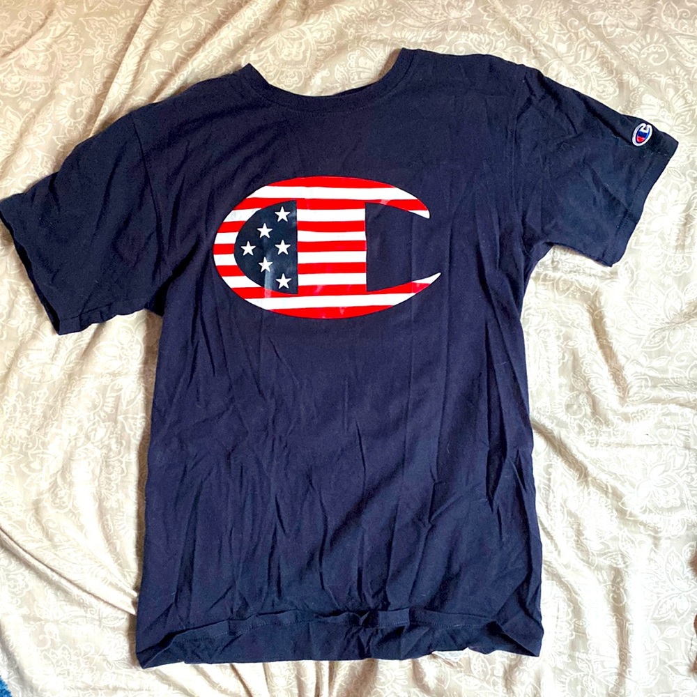 champion T navy blue american flag champ logo size small